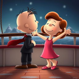 Two Peanuts cartoon characters transformed into Jack and Rose reenacting the iconic scene on the Titanic, with Jack embracing Rose from behind
