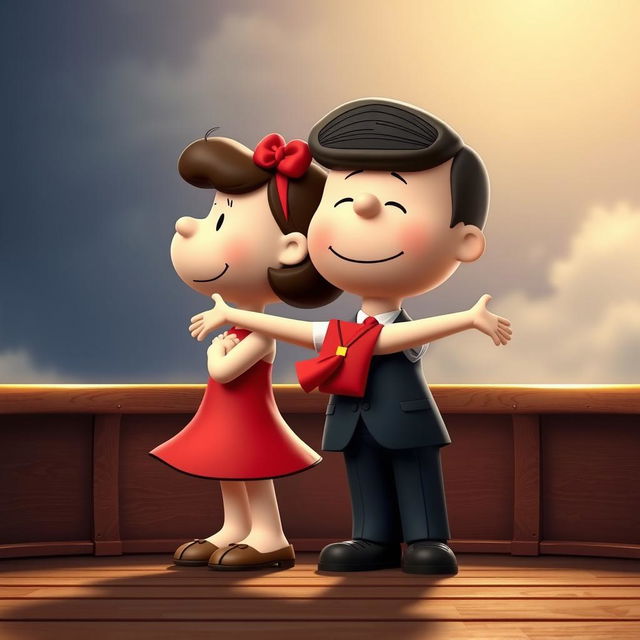 Two Peanuts cartoon characters transformed into Jack and Rose reenacting the iconic scene on the Titanic, with Jack embracing Rose from behind