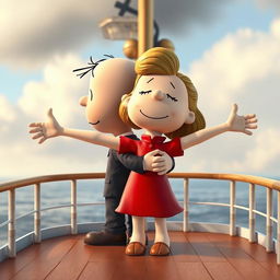 Two Peanuts cartoon characters transformed into Jack and Rose reenacting the iconic scene on the Titanic, with Jack embracing Rose from behind
