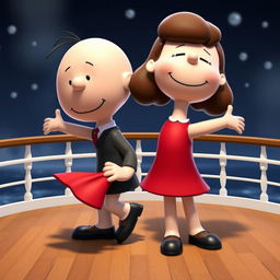 Two Peanuts cartoon characters transformed into Jack and Rose reenacting the iconic scene on the Titanic, where Jack is holding Rose from behind