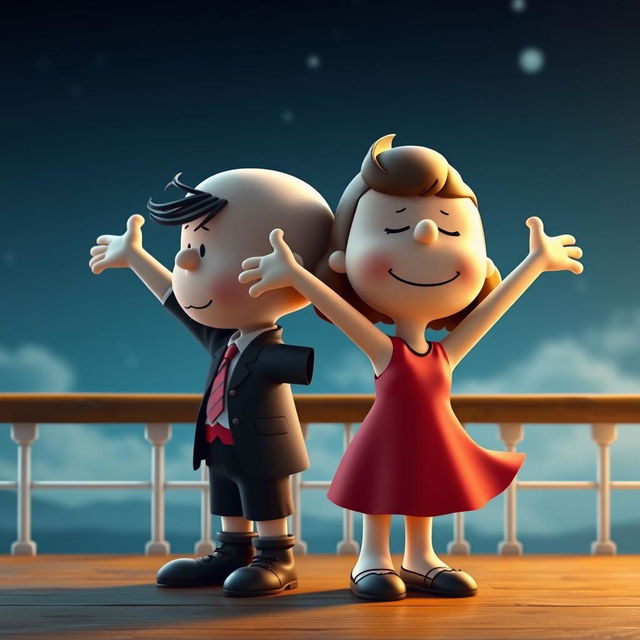 Two Peanuts cartoon characters transformed into Jack and Rose reenacting the iconic scene on the Titanic, where Jack is holding Rose from behind