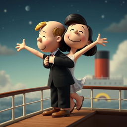 Two Peanuts cartoon characters transformed into Jack and Rose reenacting the iconic scene on the Titanic, where Jack is holding Rose from behind