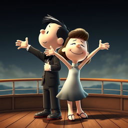 Two Peanuts cartoon characters transformed into Jack and Rose reenacting the iconic scene on the Titanic, where Jack is holding Rose from behind