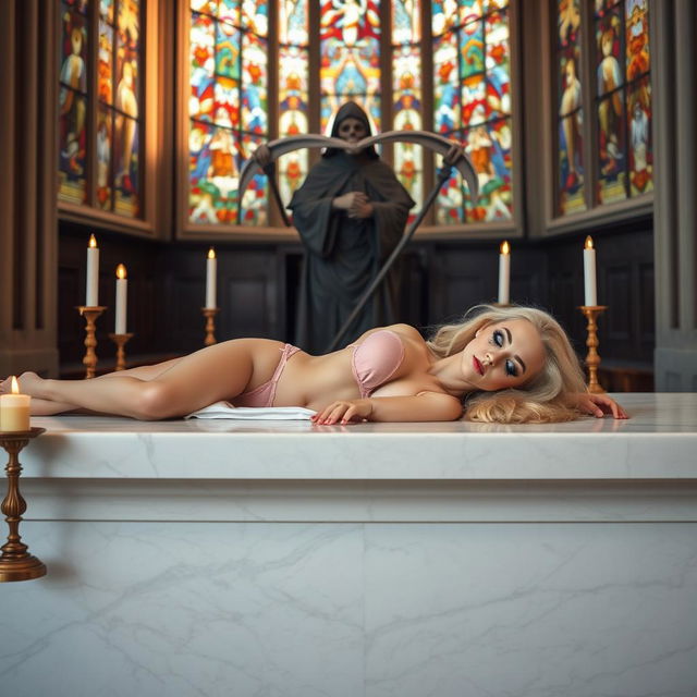 A beautiful, young woman with blonde hair is lying across a large, wide marble altar of a grand Catholic church