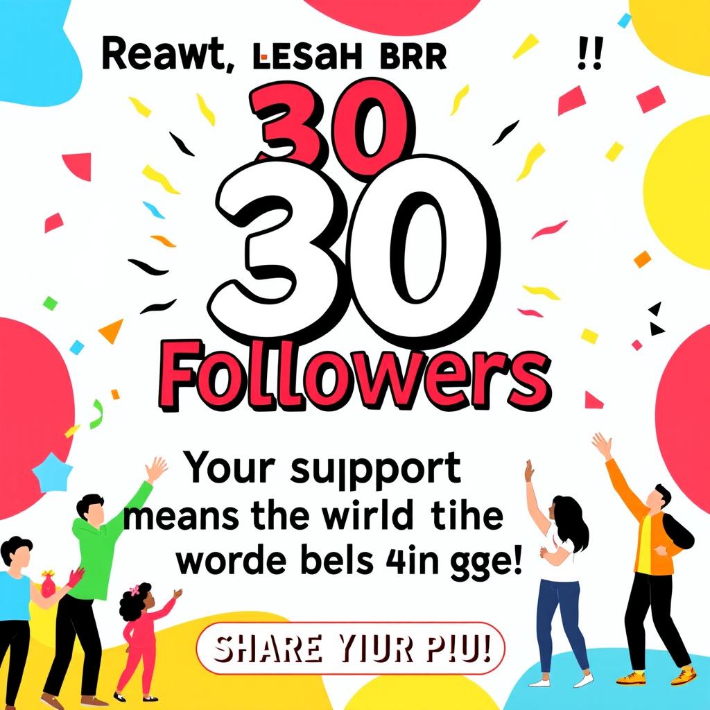 A colorful and vibrant promotional poster featuring the following elements: bold, eye-catching typography displaying the message of reaching 30 followers, the phrase 'Your support means the world to us!', and a call-to-action that encourages sharing the page