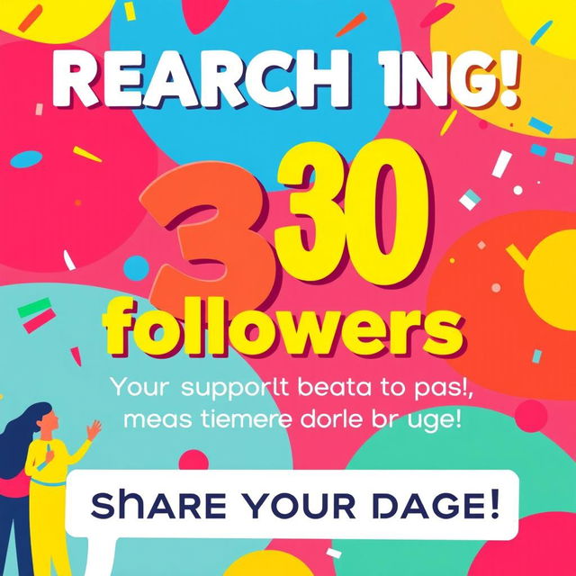 A colorful and vibrant promotional poster featuring the following elements: bold, eye-catching typography displaying the message of reaching 30 followers, the phrase 'Your support means the world to us!', and a call-to-action that encourages sharing the page