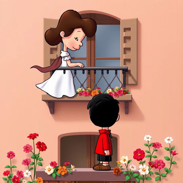 Two cartoon characters from the Peanuts comic strip depicted as Romeo and Juliet reenacting the iconic balcony scene