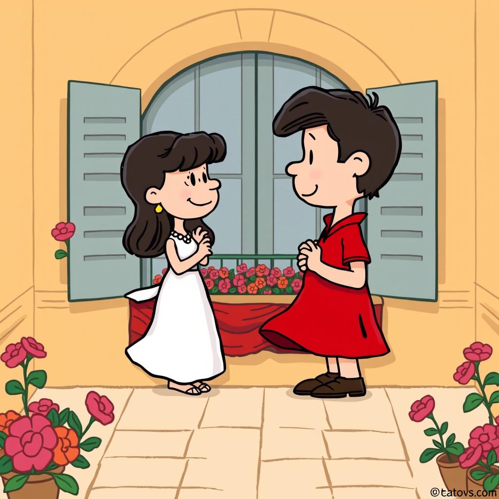 Two cartoon characters from the Peanuts comic strip depicted as Romeo and Juliet reenacting the iconic balcony scene