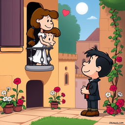 Two cartoon characters from the Peanuts comic strip depicted as Romeo and Juliet reenacting the iconic balcony scene