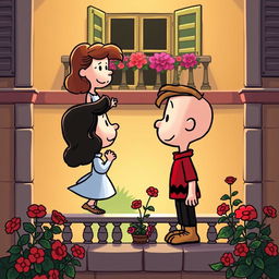 Two cartoon characters from the Peanuts comic strip depicted as Romeo and Juliet reenacting the iconic balcony scene