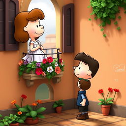 Two cartoon characters from the Peanuts comic strip transformed into Romeo and Juliet, performing the famous balcony scene