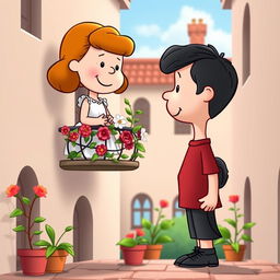 Two cartoon characters from the Peanuts comic strip transformed into Romeo and Juliet, performing the famous balcony scene