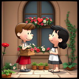 Two cartoon characters from the Peanuts comic strip transformed into Romeo and Juliet, performing the famous balcony scene