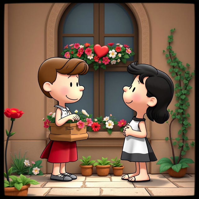 Two cartoon characters from the Peanuts comic strip transformed into Romeo and Juliet, performing the famous balcony scene