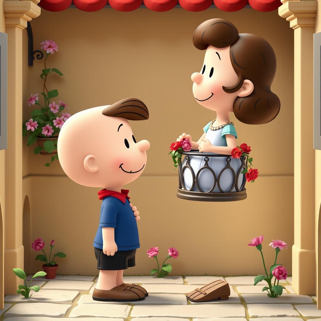 Two cartoon characters from the Peanuts comic strip transformed into Romeo and Juliet, performing the famous balcony scene