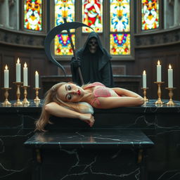 A beautiful, hot, curvy 18-year-old girl with thin facial features and long blonde hair, lying across a large, wide black marble altar in a Catholic church