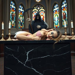 A beautiful, hot, curvy 18-year-old girl with thin facial features and long blonde hair, lying across a large, wide black marble altar in a Catholic church