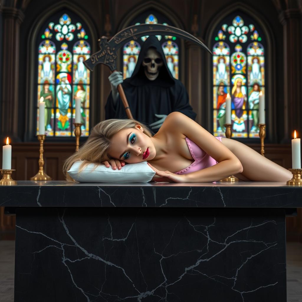 A beautiful, hot, curvy 18-year-old girl with thin facial features and long blonde hair, lying across a large, wide black marble altar in a Catholic church