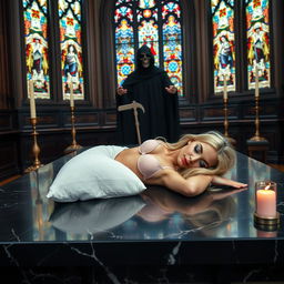 A beautiful, hot, curvy 18-year-old girl with thin facial features and long blonde hair, lying across a large, wide black marble altar in a Catholic church