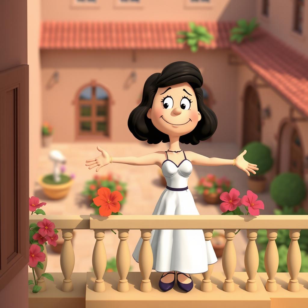 The character of Juliet, reimagined as a Peanuts cartoon character, stands on a balcony