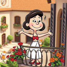 The character of Juliet, reimagined as a Peanuts cartoon character, stands on a balcony