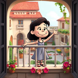 The character of Juliet, reimagined as a Peanuts cartoon character, stands on a balcony