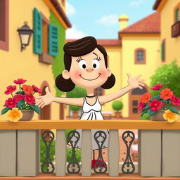 The character of Juliet, reimagined as a Peanuts cartoon character, stands on a balcony