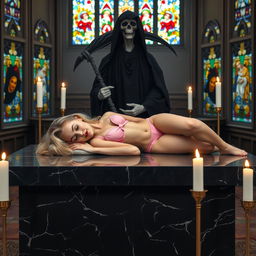 A beautiful, hot, curvy 18-year-old girl with a thin face and long blonde hair, adorned in a tiny pink bra and panties, lies across a large, wide black marble altar in a captivating Catholic church