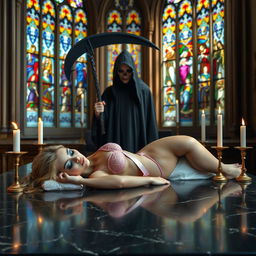 A beautiful, hot, curvy 18-year-old girl with a thin face and long blonde hair, adorned in a tiny pink bra and panties, lies across a large, wide black marble altar in a captivating Catholic church