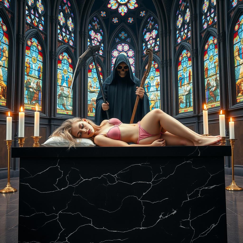 A beautiful, hot, curvy 18-year-old girl with a thin face and long blonde hair, adorned in a tiny pink bra and panties, lies across a large, wide black marble altar in a captivating Catholic church