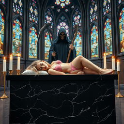 A beautiful, hot, curvy 18-year-old girl with a thin face and long blonde hair, adorned in a tiny pink bra and panties, lies across a large, wide black marble altar in a captivating Catholic church