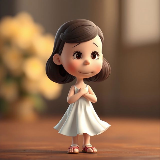 A Peanuts cartoon character reimagined as Juliet, standing gracefully with her arms and gaze directed downwards