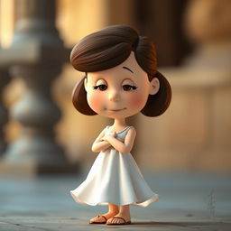A Peanuts cartoon character reimagined as Juliet, standing gracefully with her arms and gaze directed downwards