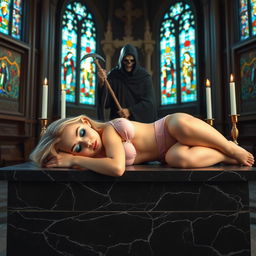 A beautiful, hot, curvy 18-year-old girl with a thin face and long blonde hair, sleeping on a large, wide black marble altar in a captivating Catholic church