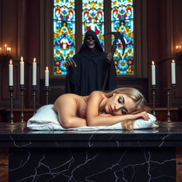 A beautiful, hot, curvy 18-year-old girl with a thin face and long blonde hair, sleeping on a large, wide black marble altar in a captivating Catholic church