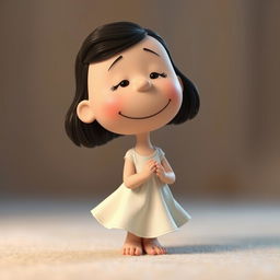 A Peanuts cartoon character depicted as Juliet, with her body leaning slightly forward, arms gracefully positioned, and her gaze directed downwards