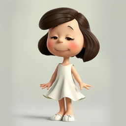 A Peanuts cartoon character depicted as Juliet, with her body leaning slightly forward, arms gracefully positioned, and her gaze directed downwards
