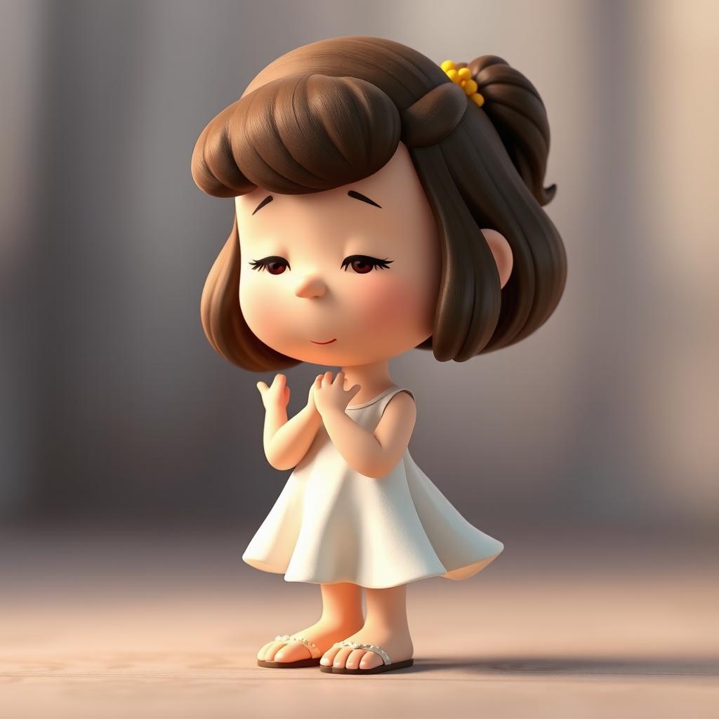 A Peanuts cartoon character depicted as Juliet, with her body leaning slightly forward, arms gracefully positioned, and her gaze directed downwards