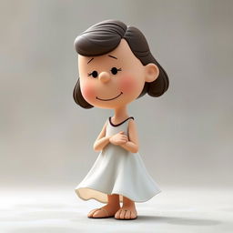 A Peanuts cartoon character depicted as Juliet, with her body leaning slightly forward, arms gracefully positioned, and her gaze directed downwards