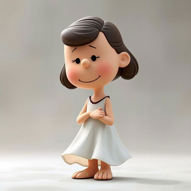 A Peanuts cartoon character depicted as Juliet, with her body leaning slightly forward, arms gracefully positioned, and her gaze directed downwards