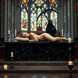 A beautiful, hot, curvy 18-year-old girl with a thin face and long blonde hair, sleeping on a large, wide black marble altar in a captivating Catholic church