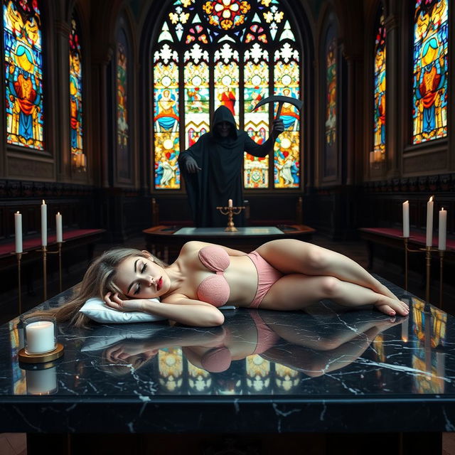 A beautiful, hot, curvy 18-year-old girl with a thin face and long blonde hair, sleeping on a large, wide black marble altar in a captivating Catholic church