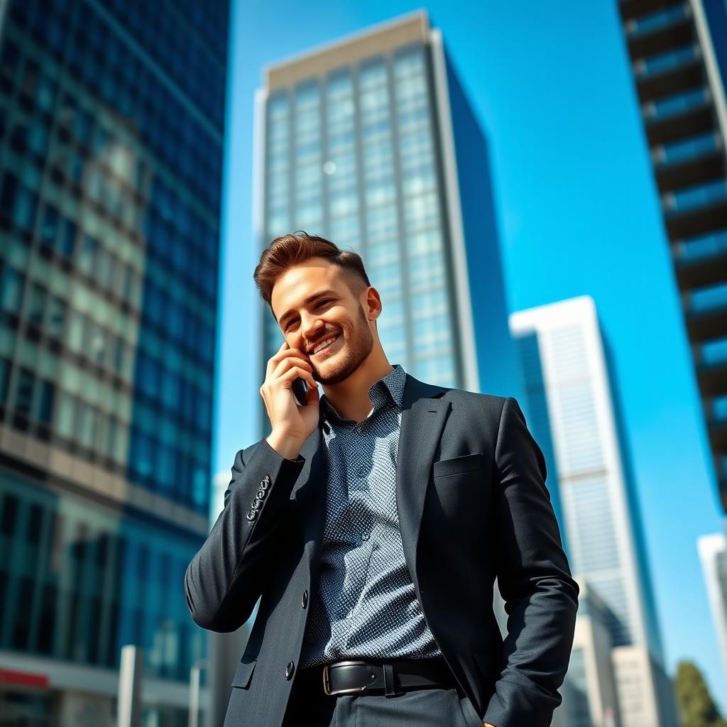 A stylish man in a sleek urban setting, confidently dressed in a tailored dark suit with a crisp white shirt, featuring a subtle modern pattern in the fabric
