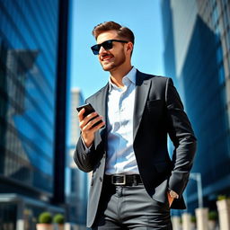 A stylish man in a sleek urban setting, confidently dressed in a tailored dark suit with a crisp white shirt, featuring a subtle modern pattern in the fabric