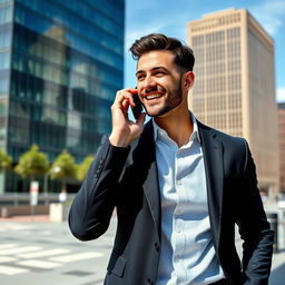 A stylish man in a sleek urban setting, confidently dressed in a tailored dark suit with a crisp white shirt, featuring a subtle modern pattern in the fabric