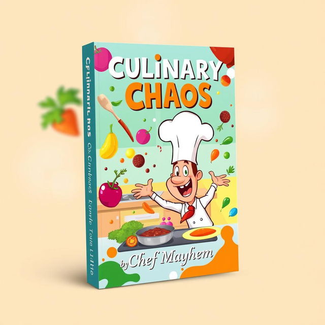 A whimsical and vibrant book cover design for 'Culinary Chaos by Chef Mayhem'