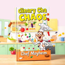 A whimsical and vibrant book cover design for 'Culinary Chaos by Chef Mayhem'