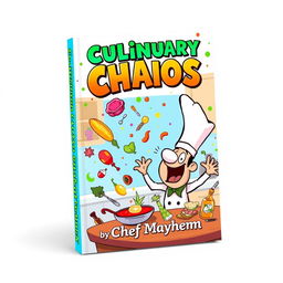 A whimsical and vibrant book cover design for 'Culinary Chaos by Chef Mayhem'