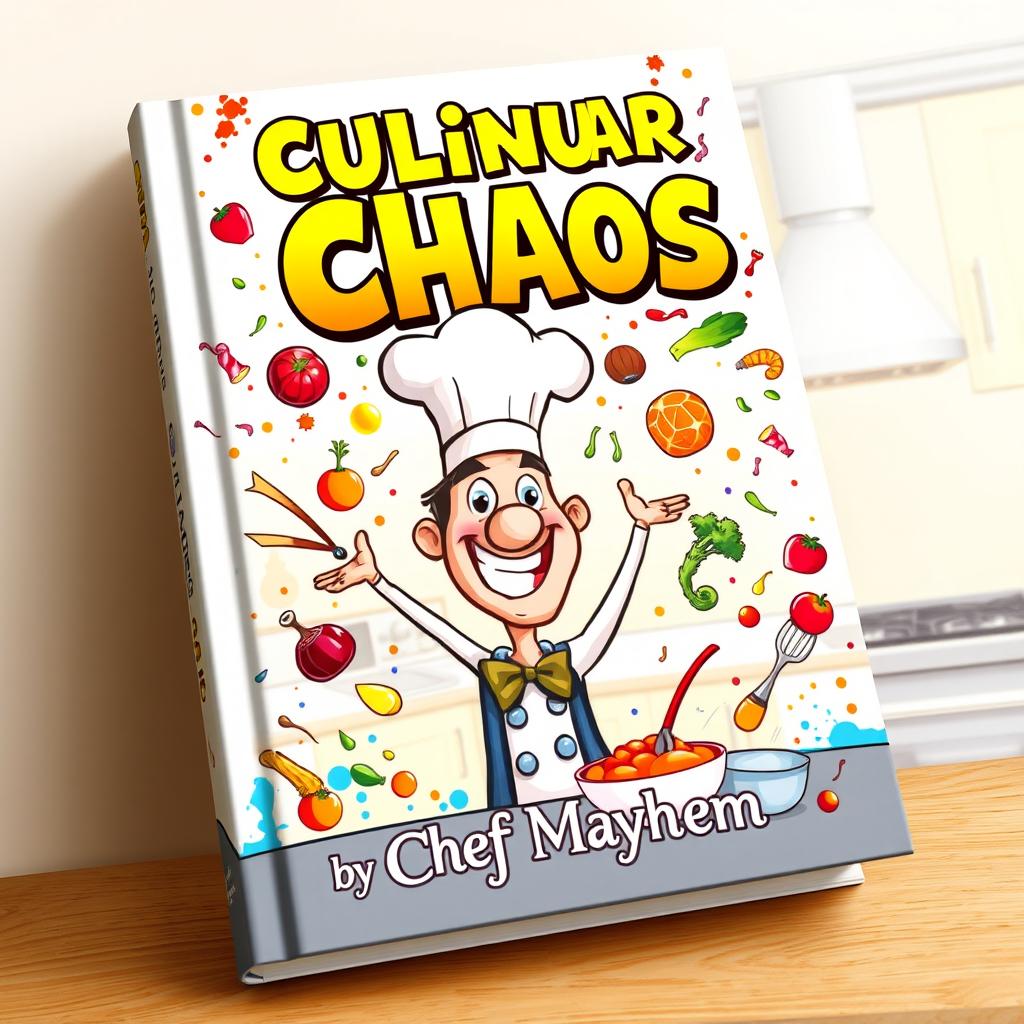 A whimsical and vibrant book cover design for 'Culinary Chaos by Chef Mayhem'