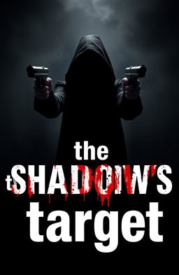 A mysterious dark figure standing ominously in the background, shrouded in shadows, with guns aimed at her